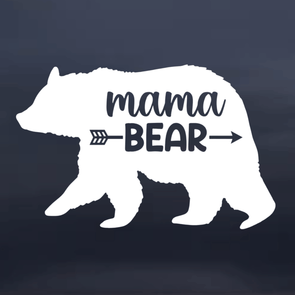 White silhouette of a bear with 'mama BEAR' text on a dark background