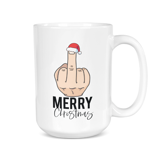 White mug with a middle finger wearing a Santa hat and 'Merry Christmas' text on a white background