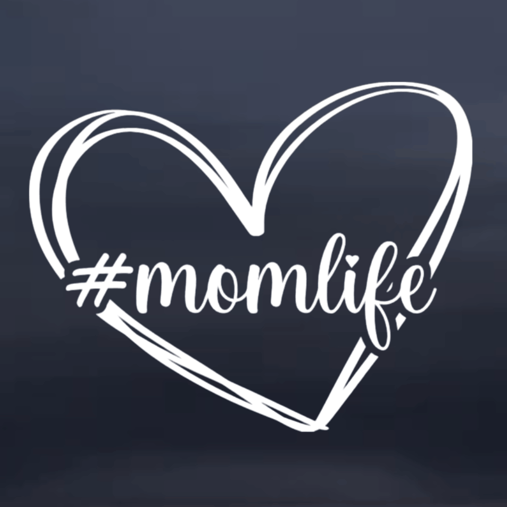 White heart-shaped '#momlife' text on a dark blue background
