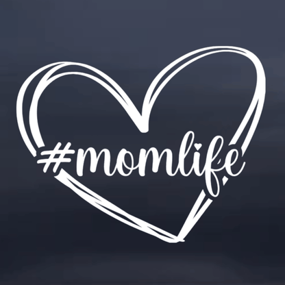 White heart-shaped '#momlife' text on a dark blue background