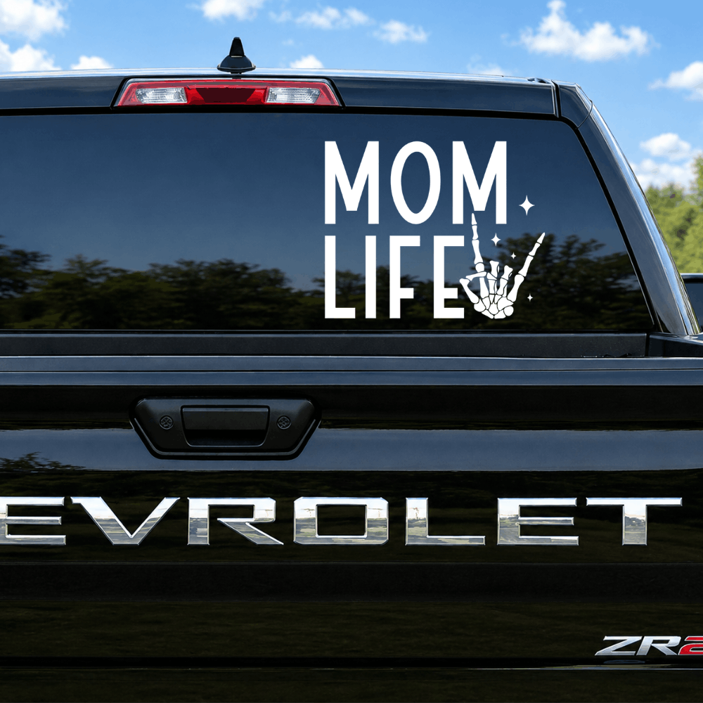 Chevrolet vehicle with 'Mom Life' decal on the back window
