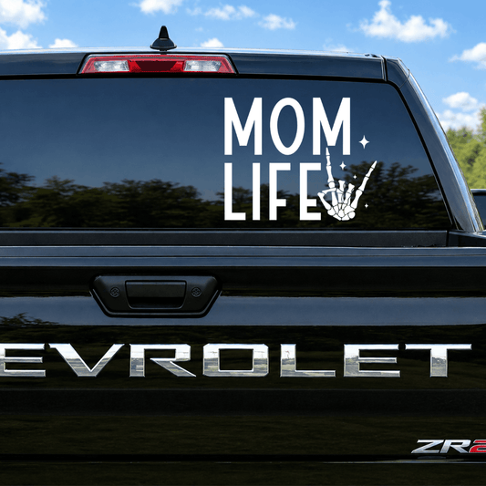 Chevrolet vehicle with 'Mom Life' decal on the back window