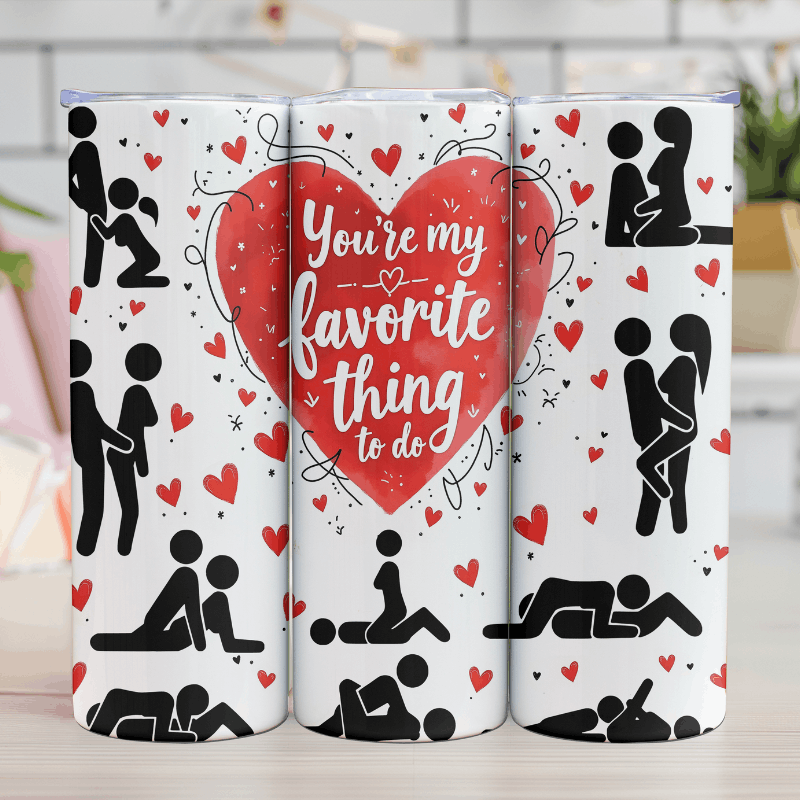 Three tumblers with romantic designs and text on a white background.