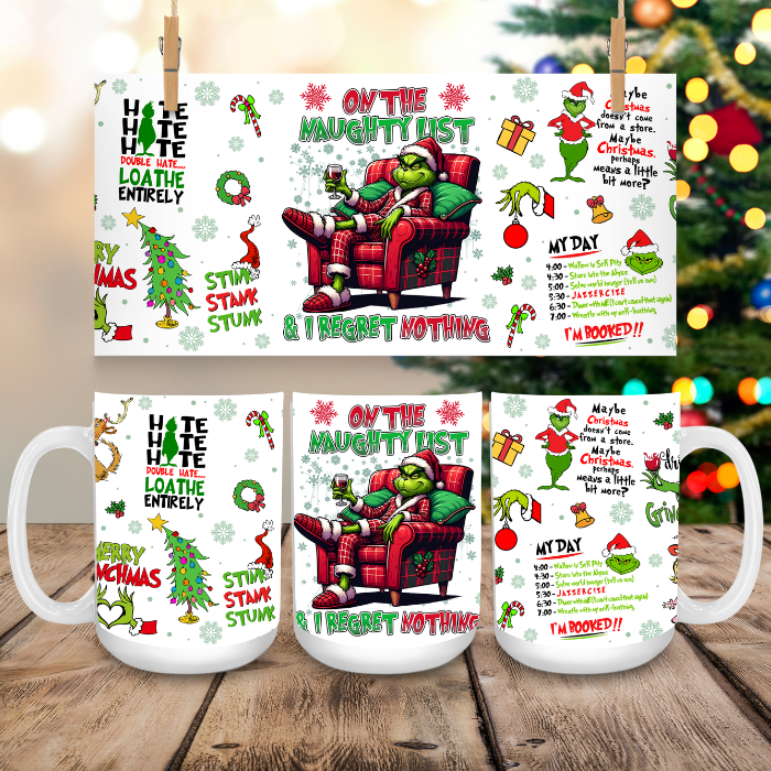 Set of Christmas-themed mugs and coasters with Grinch illustrations on a wooden surface.