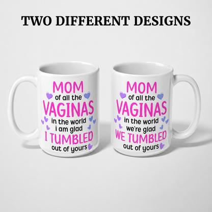 Two white ceramic mugs shown side by side on a light gray background, each printed with a humorous slogan in pink, black, and small purple heart graphics. Above the mugs, the text reads 'TWO DIFFERENT DESIGNS' to indicate two variants of the same design.