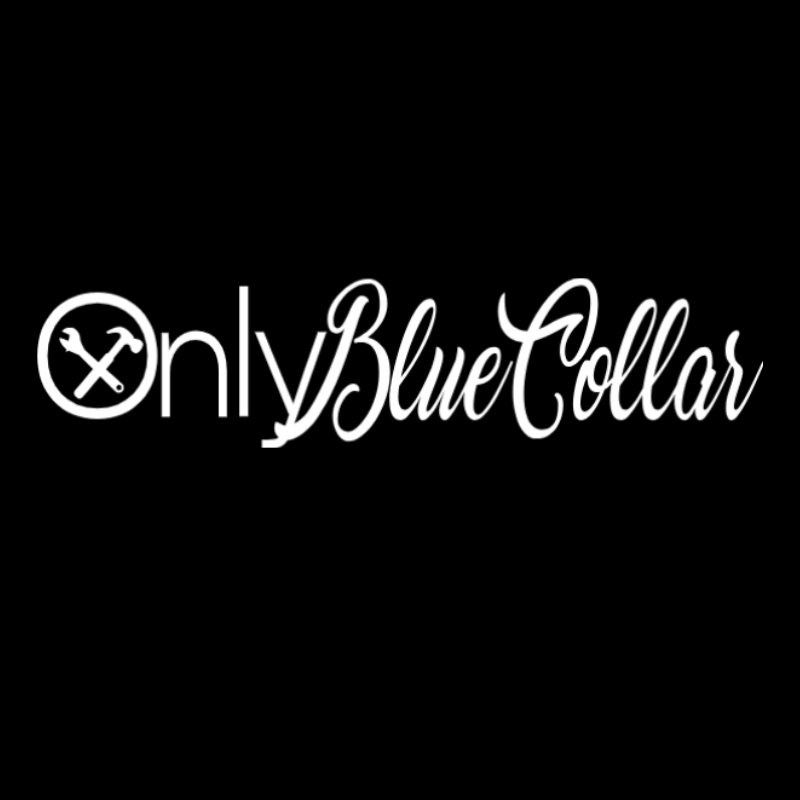 White text 'Only Blue Collar' with a hammer icon on a black background