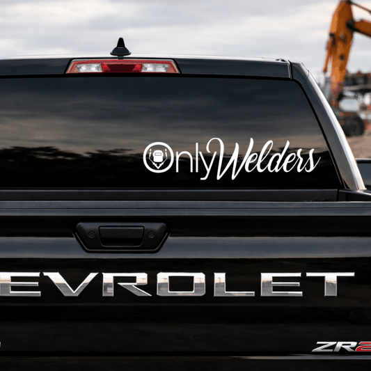 Back of a black Chevrolet truck with 'Only Welders' decal