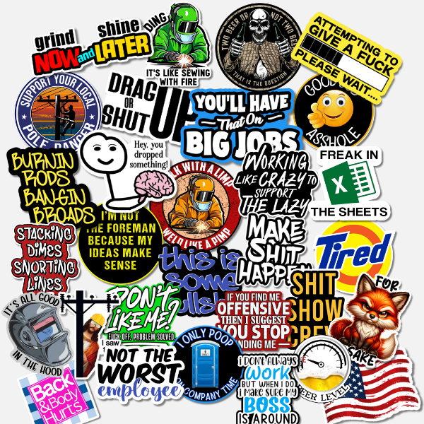 Collection of blue collar hard hat stickers with different designs and text on a white background