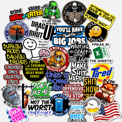 Collection of blue collar hard hat stickers with different designs and text on a white background