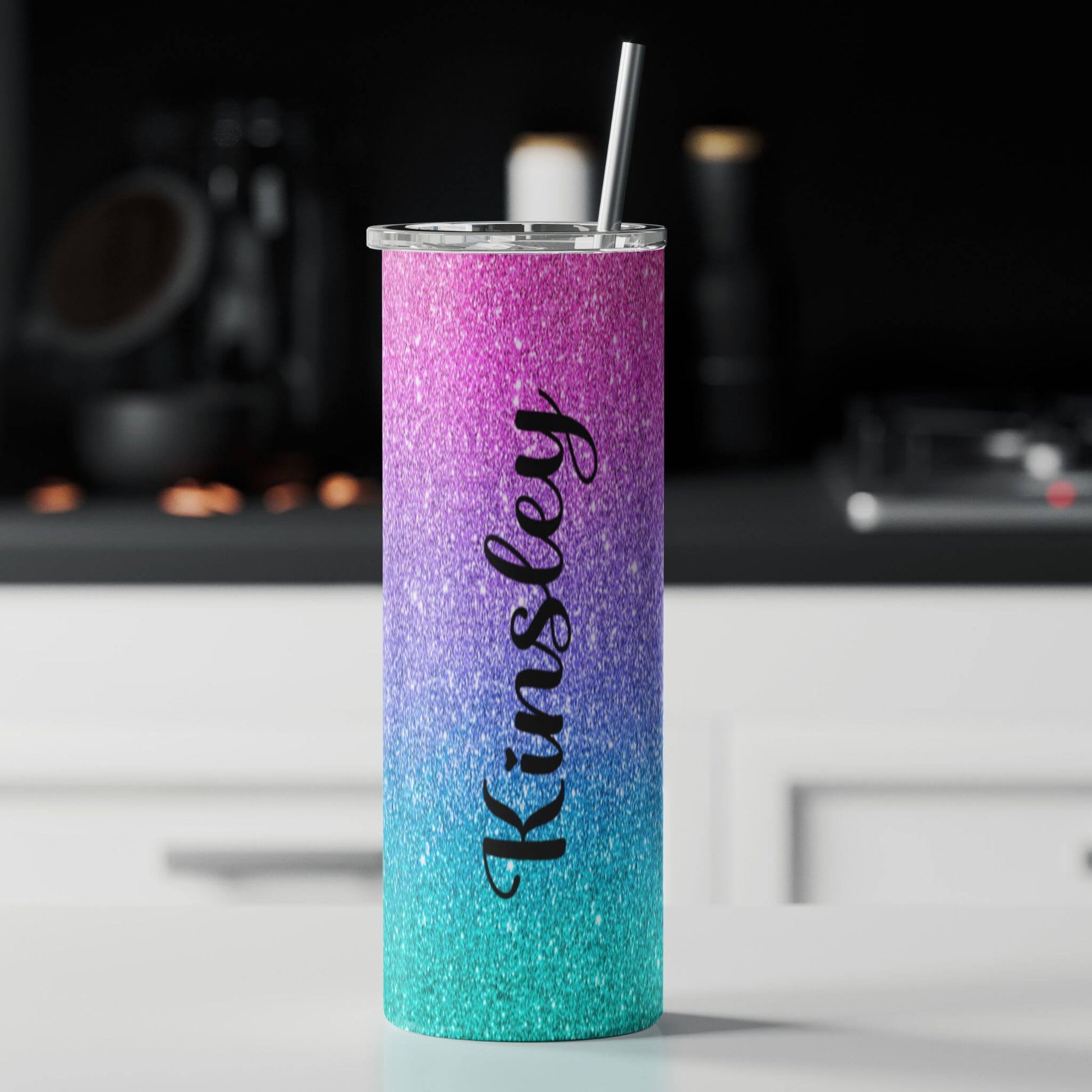 20oz Cyan Glitter Sublimation Tumbler Vacuum Insulated Water Bottle