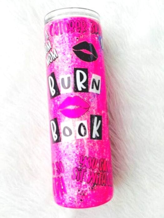 Pink Mean Girls Burn Book Glitter Swirl Tumbler | Personalized Tumblers Vinyl Chaos Design Co.