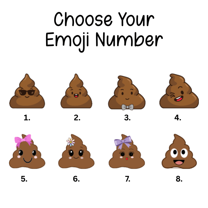 Set of eight poop emoji variations with different expressions on a white background.