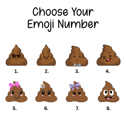 Set of eight poop emoji variations with different expressions on a white background.