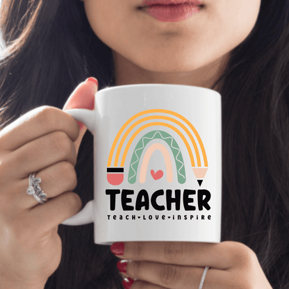 Rainbow Pencil Teacher Coffee Mug | 15oz Ceramic Coffee Cup Vinyl Chaos Design Co.