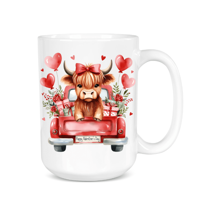 Mug with a cow in a red truck and Valentine's Day decorations on a white background