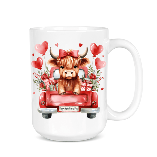 Mug with a cow in a red truck and Valentine's Day decorations on a white background