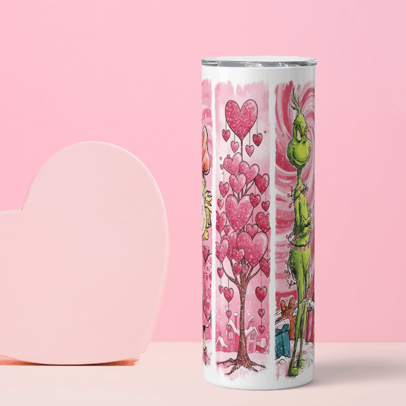 Tumbler with a heart-themed design featuring a grinch on a pink background
