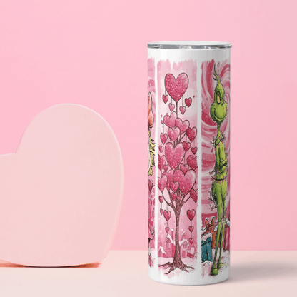 Tumbler with a heart-themed design featuring a grinch on a pink background