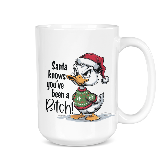 White mug with a cartoon duck wearing a Santa hat and sweater, and text on a white background.