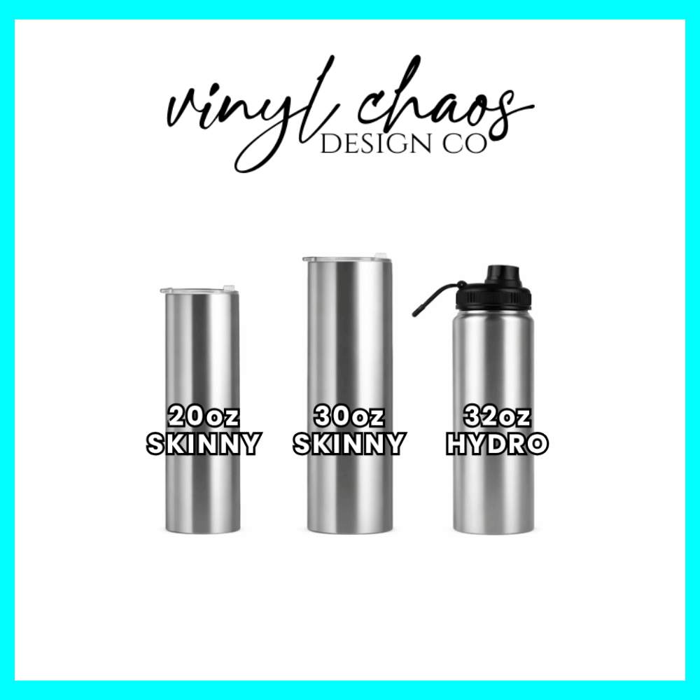 Three silver tumblers with different capacities labeled on a white background with 'vinyl chaos design co' text.