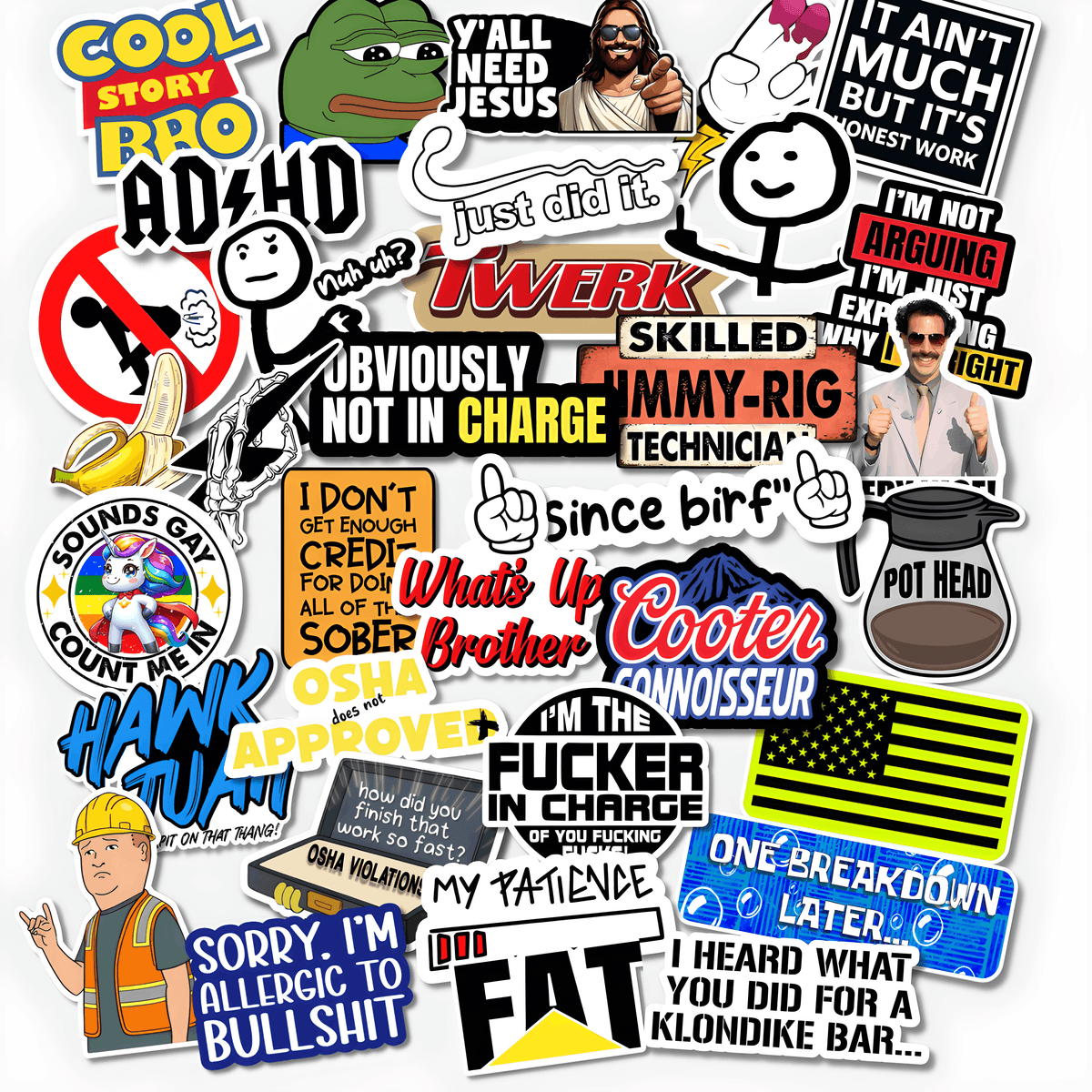 Funny adult sticker pack with sarcastic workplace humor, blue collar jokes, OSHA memes, construction sayings and inappropriate vinyl stickers
