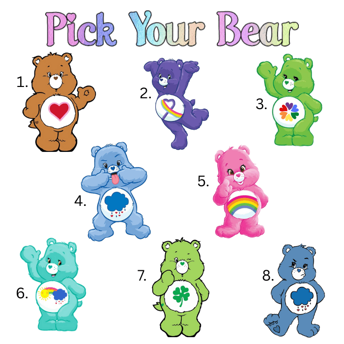 Illustrations of eight colorful bears with different designs on a white background, labeled 'Pick Your Bear'.
