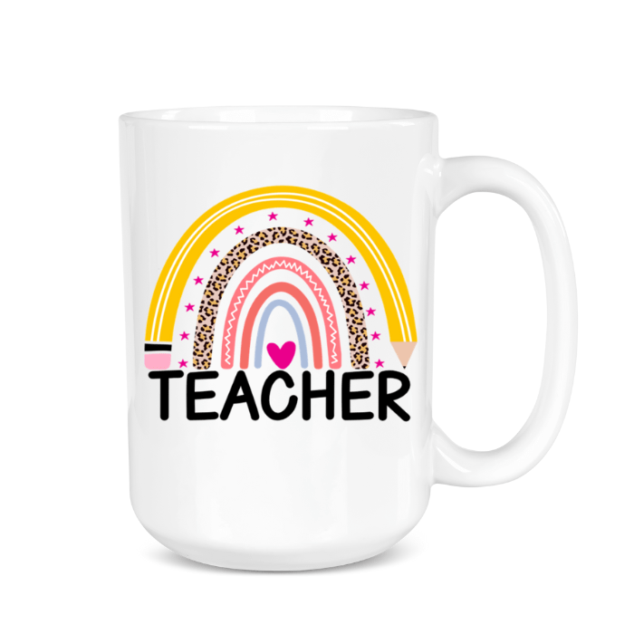 White mug with rainbow design and 'TEACHER' text on a white background
