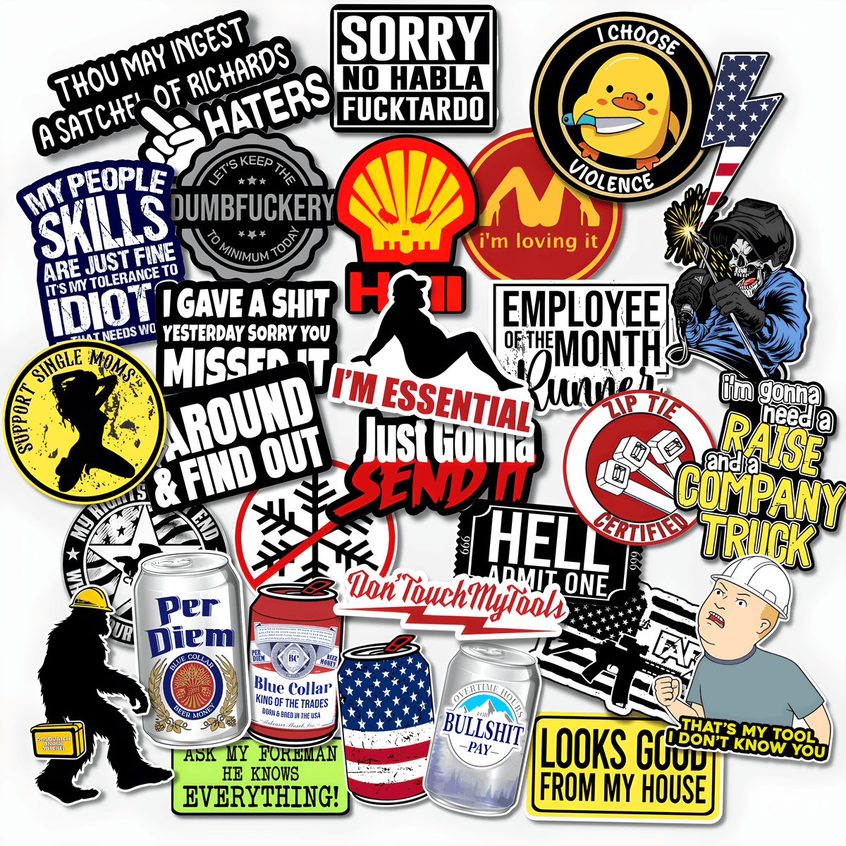 Funny blue collar trades sticker pack with construction humor, welding jokes, workplace sarcasm, lineman designs and adult vinyl stickers