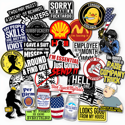 Funny blue collar trades sticker pack with construction humor, welding jokes, workplace sarcasm, lineman designs and adult vinyl stickers