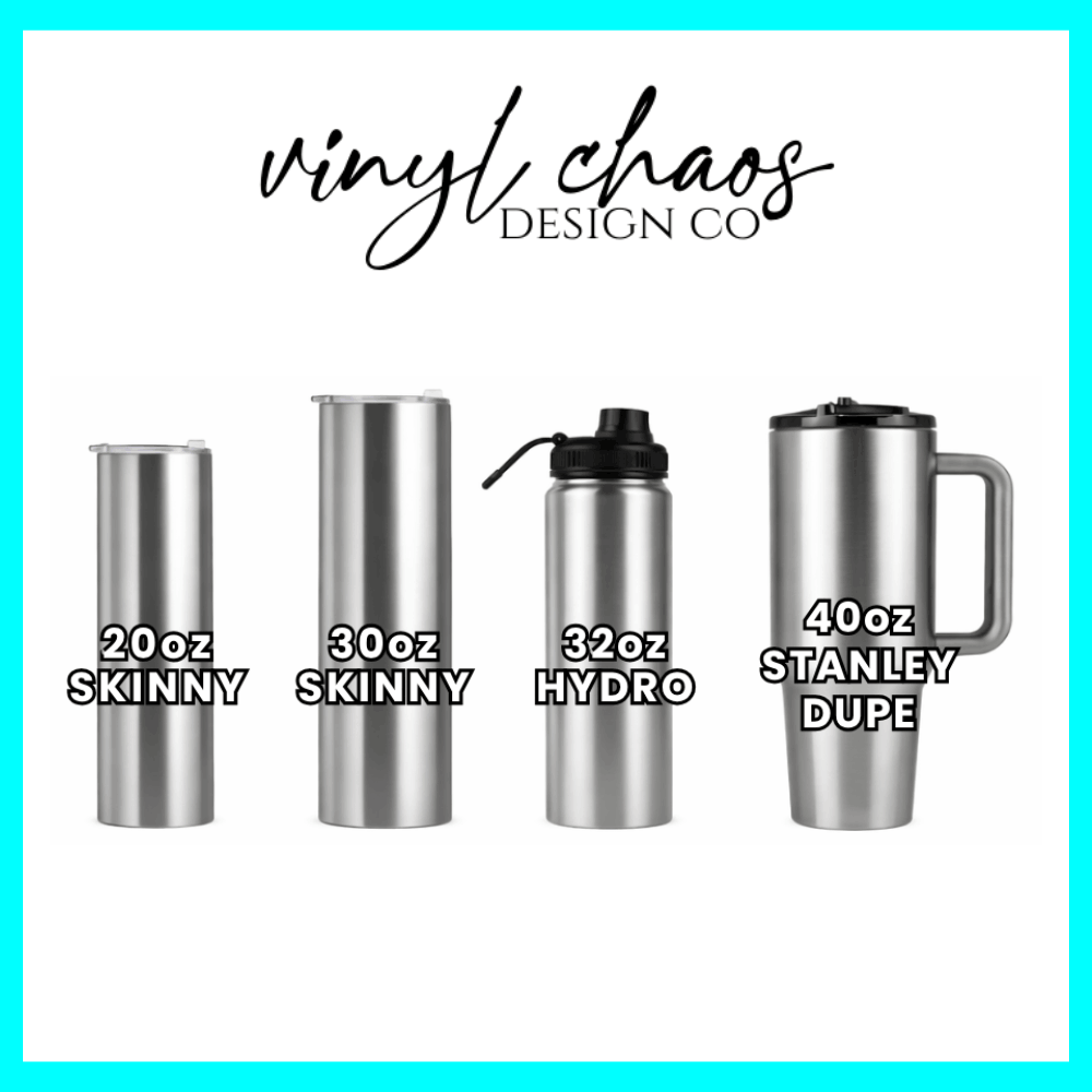 Set of four stainless steel tumblers with labeled capacities and 'vinyl chaos design co' branding.