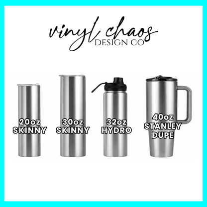 Set of four stainless steel tumblers with labeled capacities and 'vinyl chaos design co' branding.