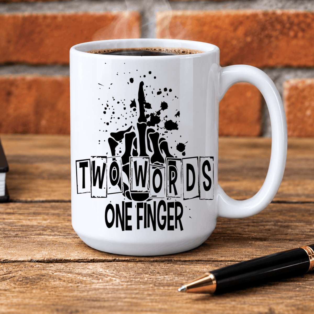 Sarcastic 15 oz ceramic coffee mug with black grunge-style artwork, ink splatters, and a rude middle finger gesture.