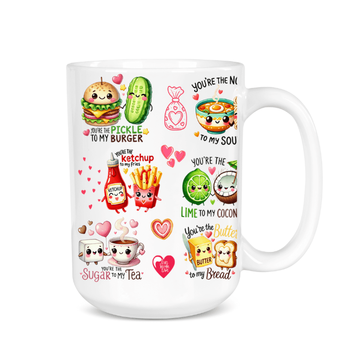White mug with colorful food-themed illustrations and text on a white background