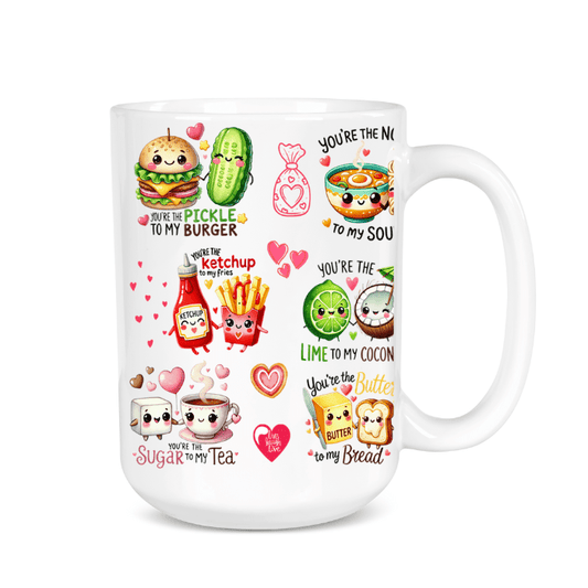 White mug with colorful food-themed illustrations and text on a white background