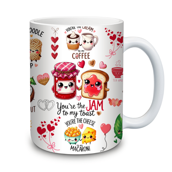 Mug with cartoon food characters and text on a white background