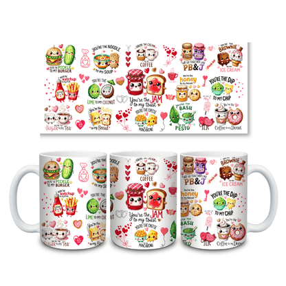Set of three mugs with colorful food-themed designs and text on a white background