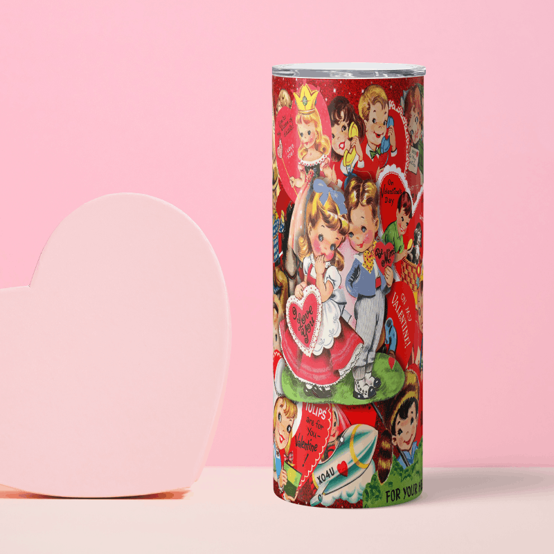 Tumbler with vintage-style design on a pink background