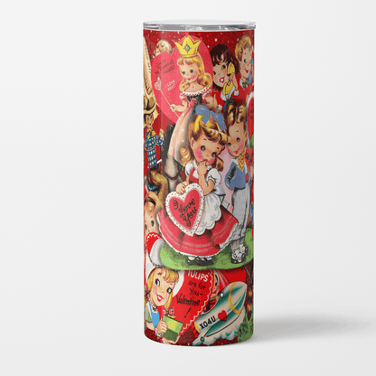 Tumbler with vintage-style Valentine's Day design featuring children and hearts on a white background.