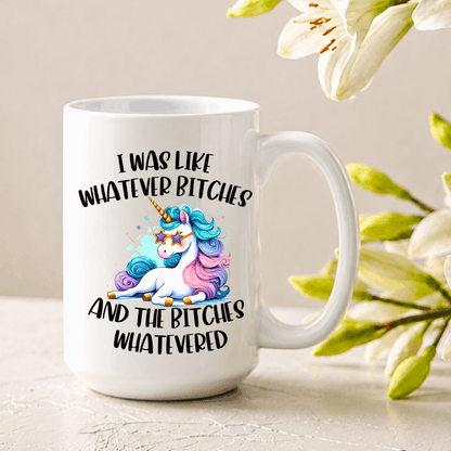 White 15 oz ceramic mug featuring colorful unicorn and sarcastic profanity saying