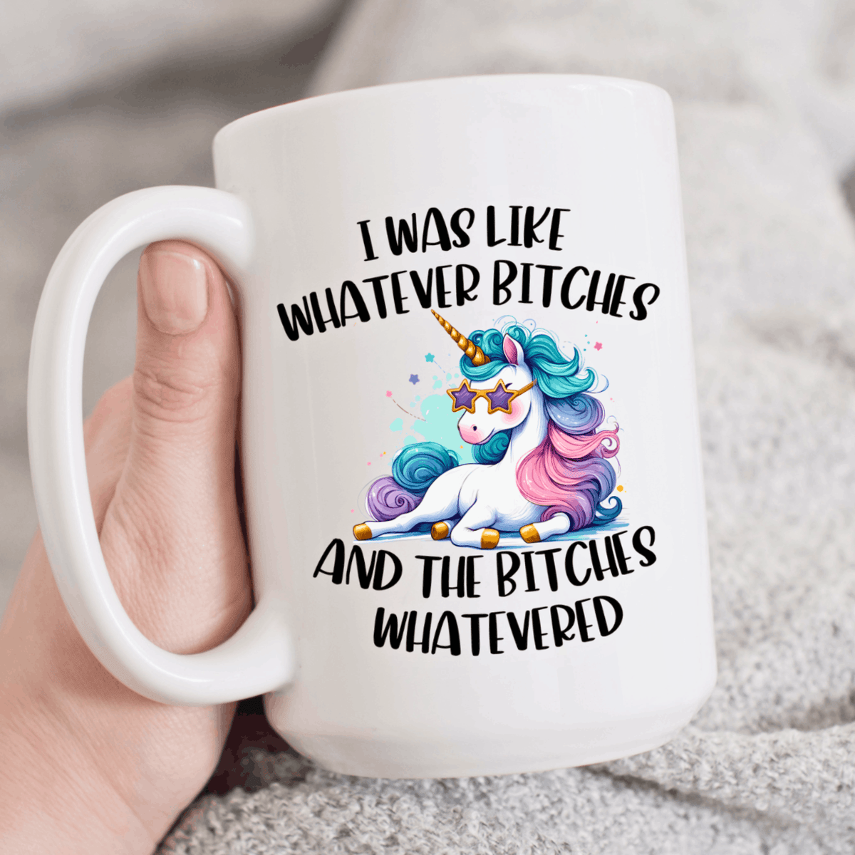 Sarcastic women’s coffee mug with rainbow unicorn and funny adult humor quote