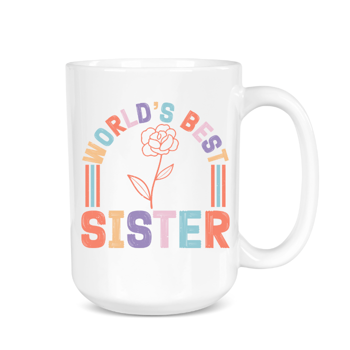 White mug with 'World's Best Sister' text in colorful letters on a white background