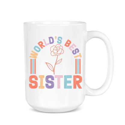 White mug with 'World's Best Sister' text in colorful letters on a white background