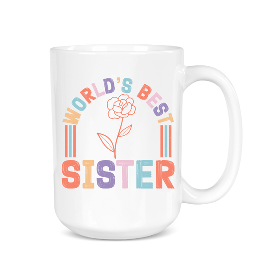 White mug with 'World's Best Sister' text in colorful letters on a white background