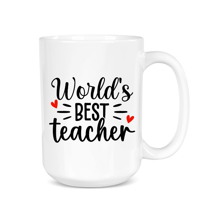 White mug with 'World's Best Teacher' text on a white background