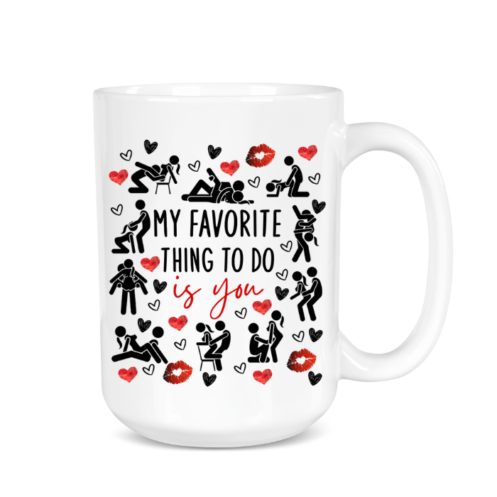 White mug with black and red graphics and text on a white background