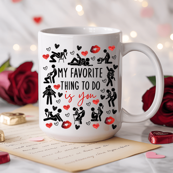 Mug with romantic design and text 'My favorite thing to do is you' on a decorative background with roses and cards.