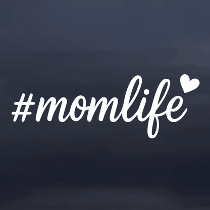 White '#momlife' text with a heart on a dark blue background